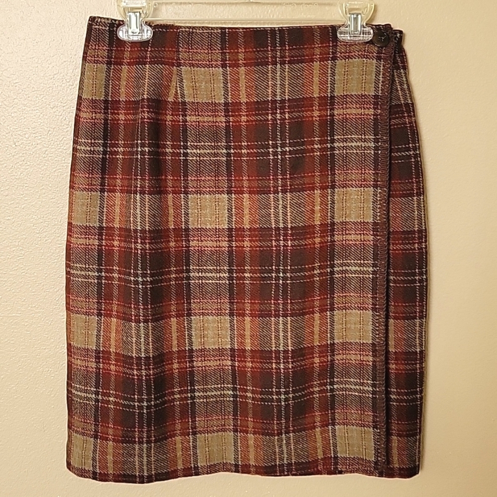 Crossing Pointe Brown Red Plaid Wool Blend Mini Skirt School Academia